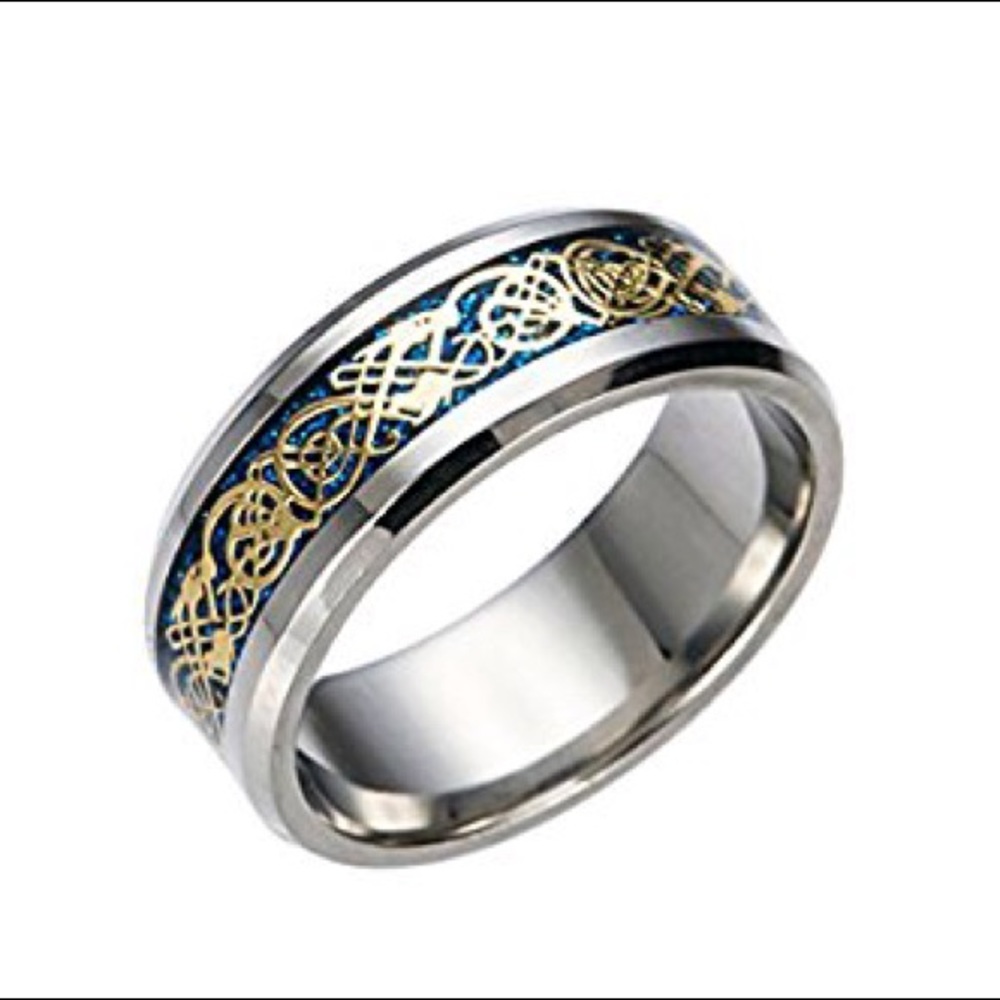 Size 7 Stainless Steel Blue & Goldtone Dragon Ring